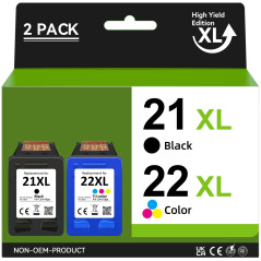 Inkwood 21 22 Cartouche Remanufacturé d'encre Noir Couleur pour HP 21 XL 22 XL pour Imprimantes HP Deskjet 3910 3920 3930 PSC 14