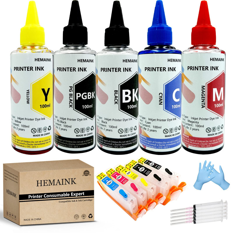 HEMAINK Cartouches d'encre rechargeables et 5 bouteilles d'encre compatibles pour imprimante Canon PGI-580XXL CLI-581XXL Pixma T