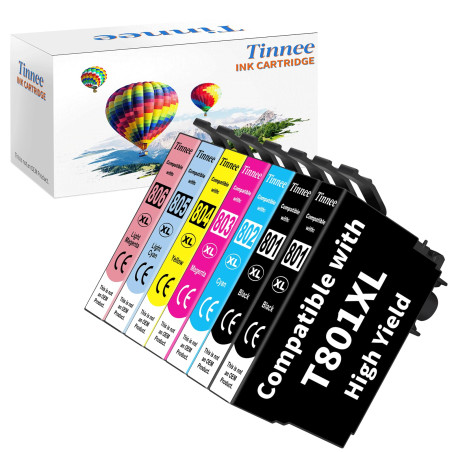 Tinnee 7er-Pack T0807 Multipack Cartouche d'encre Compatible pour Epson 80XL Epson T801 T802 T803 T804 T805 T806 T807 pour Stylu