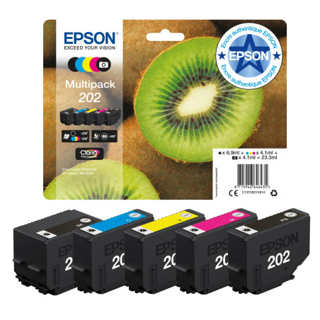 Epson Multipack 202 Kiwi, Cartouches d'encre d'origine, 5 couleurs: Noir, Cyan, Magenta, Jaune, Noir photo, XP-6000, XP-6005, XP