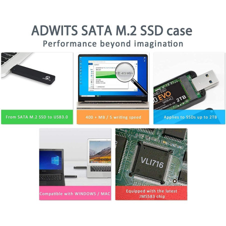 ADWITS Adaptateur SuperSpeed USB 3.0 [UASP] vers SATA NGFF M.2 2230/2242/2260/2280 Key B/B & M SSD, boîtier sans Fil Externe pou
