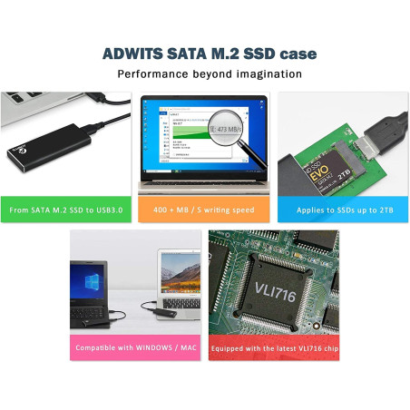 ADWITS USB 3.0 [UASP] à SATA NGFF M.2 2230/2242/2260/2280 Clé B / B & M SSD SuperSpeed Adaptateur, Boîtier Externe pour Samsung 