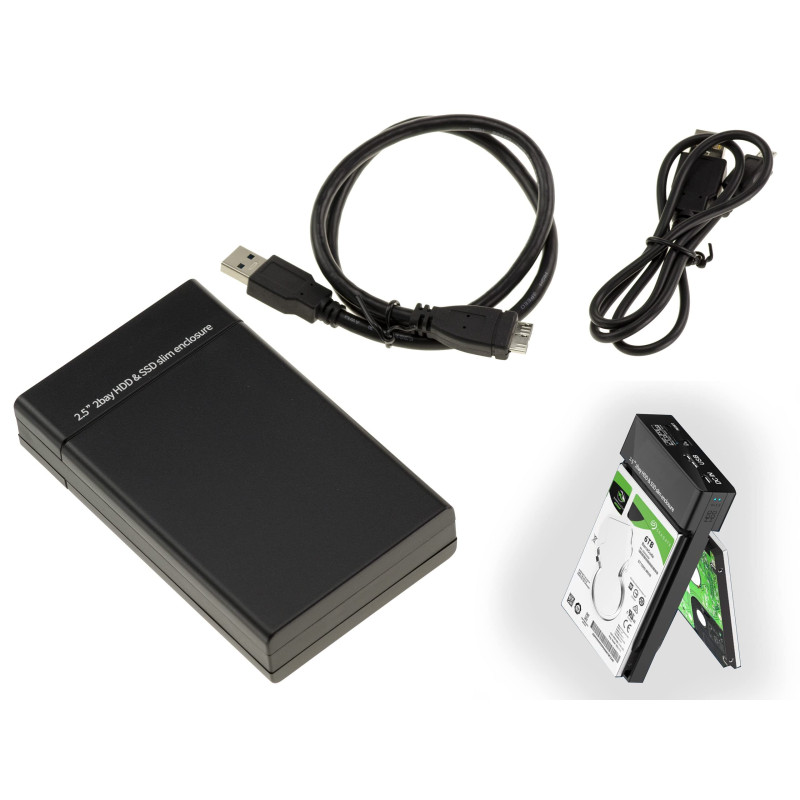 KALEA-INFORMATIQUE Boitier Baie USB 3.0 pour 2 disques durs SATA 2.5, avec Raid matériel 0 1 0+1 et Liaison USB3 5G KALEA-INFORMATIQUE Boitier Baie USB 3.0 pour 2 disques durs SATA 2.5, avec Raid matériel 0 1 0+1 et Liaison USB3 5G