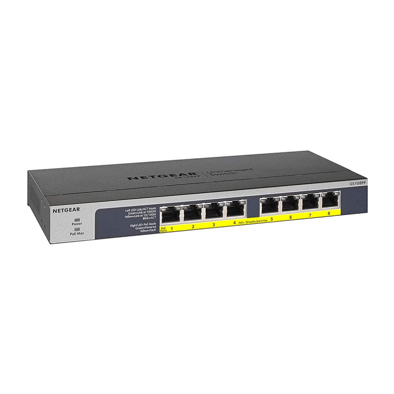 NETGEAR (GS108PP) Switch Ethernet PoE+ 8 Ports RJ45 Métal Gigabit (10/100/1000), switch RJ45 avec 8 Ports PoE+ à 123W Upgradable NETGEAR (GS108PP) Switch Ethernet PoE+ 8 Ports RJ45 Métal Gigabit (10/100/1000), switch RJ45 avec 8 Ports PoE+ à 123W Upgradable