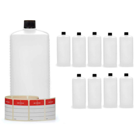 Octopus Bouteilles en plastique 10x 1000 ml, PE-HD avec bouchon à vis noire, carrées, étiquettes incluses