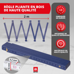 Metrie™ BLOCK 52 Mètre pliant – Mètre en bois 2 m | Bleu Foncé – Graduation duplex, Fabriqué dans l’UE | Robuste et précis | pou
