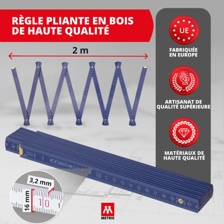 Metrie™ BLOCK 52 Mètre pliant – Mètre en bois 2 m | Bleu Foncé – Graduation duplex, Fabriqué dans l’UE | Robuste et précis | pou