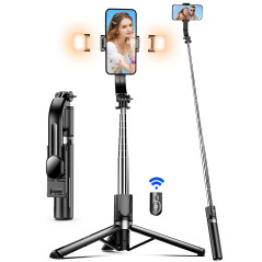 Perche à Selfie 115 CM avec Trépied Amélioré - 2 Lumière d’Appoint - Trépied pour Téléphone avec Télécommande Détachable, 360° R