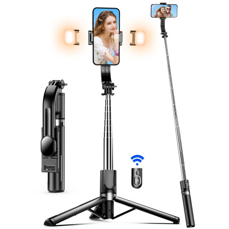 Perche à Selfie 115 CM avec Trépied Amélioré - 2 Lumière d’Appoint - Trépied pour Téléphone avec Télécommande Détachable, 360° R