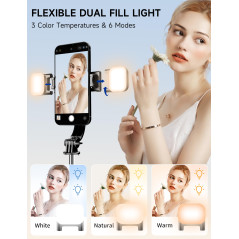 Perche à Selfie 115 CM avec Trépied Amélioré - 2 Lumière d’Appoint - Trépied pour Téléphone avec Télécommande Détachable, 360° R
