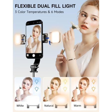 Perche à Selfie 115 CM avec Trépied Amélioré - 2 Lumière d’Appoint - Trépied pour Téléphone avec Télécommande Détachable, 360° R