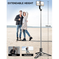Perche à Selfie 115 CM avec Trépied Amélioré - 2 Lumière d’Appoint - Trépied pour Téléphone avec Télécommande Détachable, 360° R