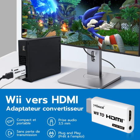Mcbazel Wii to HDMI Converter, Convertisseur HDMI Wii Adaptateur Vidéo Full HD 1080P avec Audio 3,5 mm