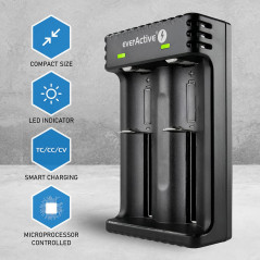 everActive Chargeur pour 2 Batteries Li-ION comme 18650, Professionnel, Rapide, Micro USB, modèle LC-200, Noir