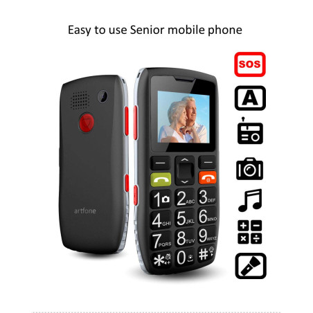 artfone Téléphone Portable Senior Débloqué avec Grandes Touches, Bouton SOS, C1 Senior, Caméra VGA, Radio FM, Haut-Parleur de Bo