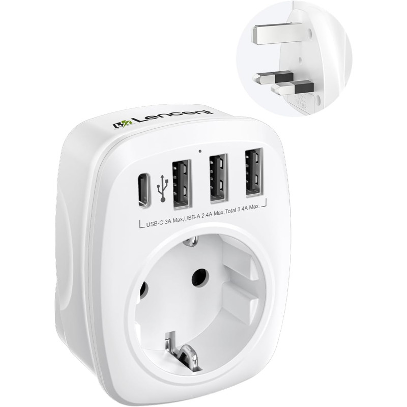 LENCENT Adaptateur Prise Anglaise UK Angleterre France Adaptateur de Voyage avec 3 USB et 1 Type-C, Prise Française FR vers GB 3 LENCENT Adaptateur Prise Anglaise UK Angleterre France Adaptateur de Voyage avec 3 USB et 1 Type-C, Prise Française FR vers GB 3