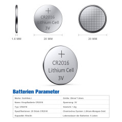 Batterie au Lithium CR 2016, Blister de 20 Piles Lithium 3V