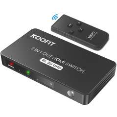 Switch HDMI 4K 60Hz, KOOFIT Multiprise Multi HDMI Commutateur Switch 3 Entrées 1 Sortie, Commutateur avec Télécommande Supporte 
