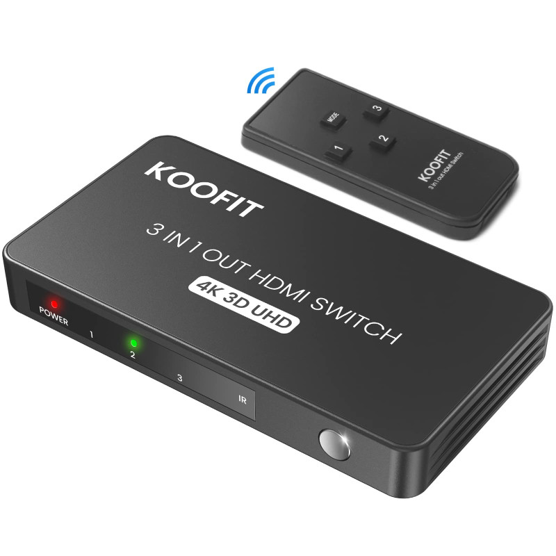 Switch HDMI 4K 60Hz, KOOFIT Multiprise Multi HDMI Commutateur Switch 3 Entrées 1 Sortie, Commutateur avec Télécommande Supporte Switch HDMI 4K 60Hz, KOOFIT Multiprise Multi HDMI Commutateur Switch 3 Entrées 1 Sortie, Commutateur avec Télécommande Supporte