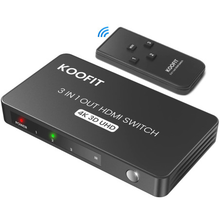 Switch HDMI 4K 60Hz, KOOFIT Multiprise Multi HDMI Commutateur Switch 3 Entrées 1 Sortie, Commutateur avec Télécommande Supporte 