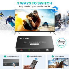 Switch HDMI 4K 60Hz, KOOFIT Multiprise Multi HDMI Commutateur Switch 3 Entrées 1 Sortie, Commutateur avec Télécommande Supporte 