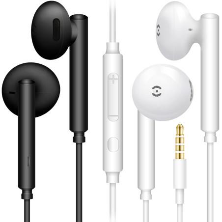 [2Paires, Noir + Blanc] MAS CARNEY WH6 Écouteurs Auriculaires stéréo filaires avec contrôle du Volume et Micro pour Smartphones 