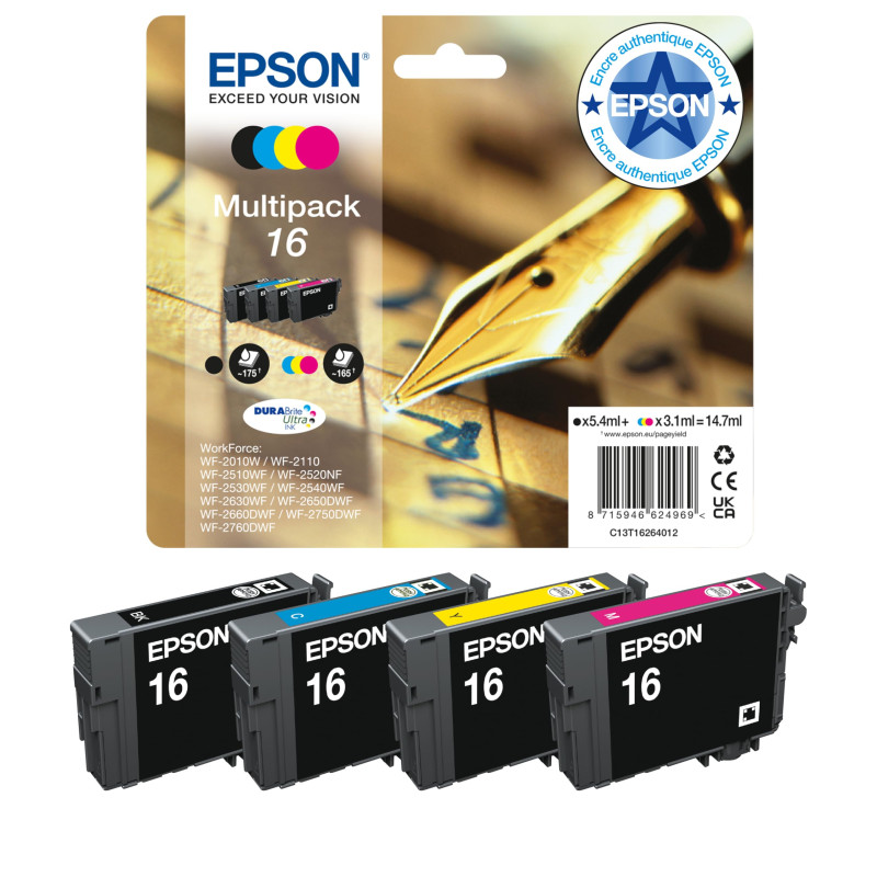 Epson Multipack 16 Stylo Plume, Cartouches d'encre d'origine, 4 couleurs: Noir, Cyan, Magenta, Jaune, WF-2010W WF-2510WF WF-2530