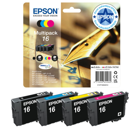 Epson Multipack 16 Stylo Plume, Cartouches d'encre d'origine, 4 couleurs: Noir, Cyan, Magenta, Jaune, WF-2010W WF-2510WF WF-2530