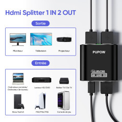 Pupow Splitter HDMI 4K, Switch HDMI Aluminium Repartiteur hdmi 1 Entrée 2 Sorties, Duplicateur Hdmi Affichage Simultané, 4K@60HZ