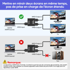 Pupow Splitter HDMI 4K, Switch HDMI Aluminium Repartiteur hdmi 1 Entrée 2 Sorties, Duplicateur Hdmi Affichage Simultané, 4K@60HZ