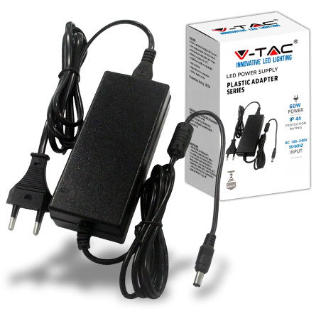 V-TAC Adaptateur Alimentation 12V 60W 5A pour Caméras, Bandes LED, Modems - Transformateur Chargeur 12V - Prise 2 Pin EU pour Eq