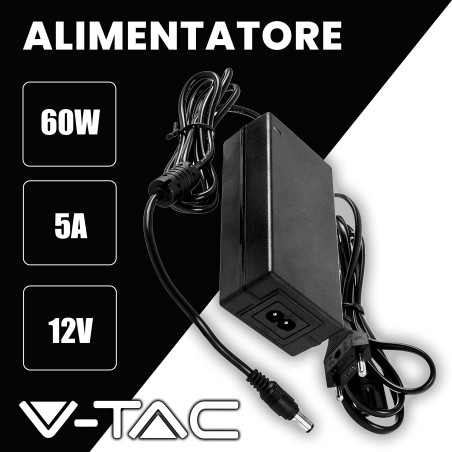 V-TAC Adaptateur Alimentation 12V 60W 5A pour Caméras, Bandes LED, Modems - Transformateur Chargeur 12V - Prise 2 Pin EU pour Eq