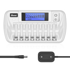 BONAI Chargeur de Piles LCD 8+1 Slots, Chargeur Piles Rechargeables Universel pour AA/AAA/Ni-MH/9V Batterie Rechargeables, Écran