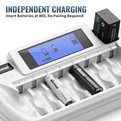 BONAI Chargeur de Piles LCD 8+1 Slots, Chargeur Piles Rechargeables Universel pour AA/AAA/Ni-MH/9V Batterie Rechargeables, Écran