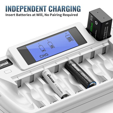 BONAI Chargeur de Piles LCD 8+1 Slots, Chargeur Piles Rechargeables Universel pour AA/AAA/Ni-MH/9V Batterie Rechargeables, Écran