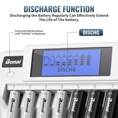 BONAI Chargeur de Piles LCD 8+1 Slots, Chargeur Piles Rechargeables Universel pour AA/AAA/Ni-MH/9V Batterie Rechargeables, Écran
