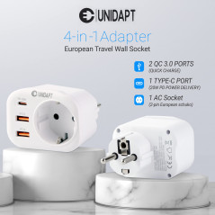 Unidapt Prise USB Secteur Multiple, Chargeur Rapide 20W avec 1 Prise AC, 1 USB-C PD et 2 Ports USB QC 3.0, Adaptateur Murale Éle