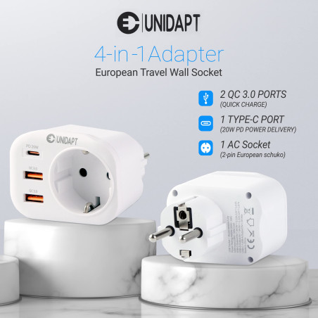 Unidapt Prise USB Secteur Multiple, Chargeur Rapide 20W avec 1 Prise AC, 1 USB-C PD et 2 Ports USB QC 3.0, Adaptateur Murale Éle