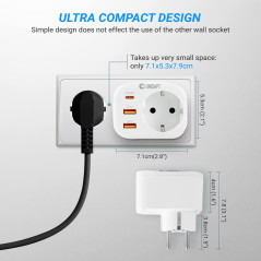 Unidapt Prise USB Secteur Multiple, Chargeur Rapide 20W avec 1 Prise AC, 1 USB-C PD et 2 Ports USB QC 3.0, Adaptateur Murale Éle