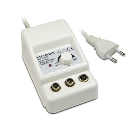METRONIC 332177 Amplificateur d'Antenne TV Intérieure pour Chaînes TNT, Compatible 4G-5G, Gain 26 dB, 2 Sorties avec Prise TV 9,