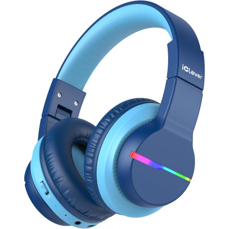 iClever Casque Audio Enfant Bluetooth sans Fil avec Microphone, Lumières LED Colorées, Volume Limité 74/85/94dB, 85 Heures de Tr