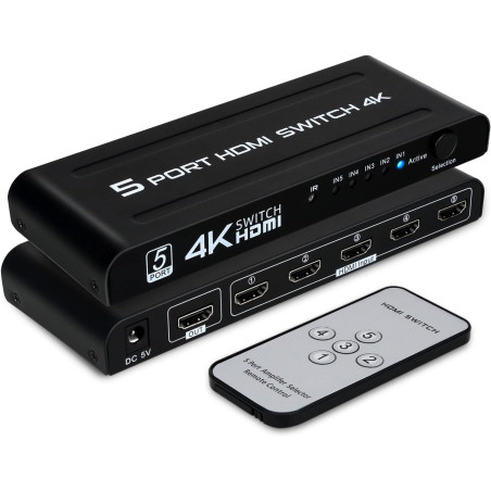 TCNEWCL 4K Switch HDMI 5 entrées 1 Sortie, 5x1 Commutateur 5 Ports avec Télécommande Prise en Charge 4K UHD 3D, Multiprise pour 