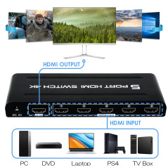 TCNEWCL 4K Switch HDMI 5 entrées 1 Sortie, 5x1 Commutateur 5 Ports avec Télécommande Prise en Charge 4K UHD 3D, Multiprise pour 