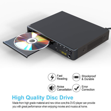 LONPOO Lecteur DVD Compact, Multi-Régions 1/2/3/4/5/6, Port USB, Télécommande, Câble Audio RCA Connexion TV, Divx, Port HDMI, Po