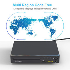 LONPOO Lecteur DVD Compact, Multi-Régions 1/2/3/4/5/6, Port USB, Télécommande, Câble Audio RCA Connexion TV, Divx, Port HDMI, Po