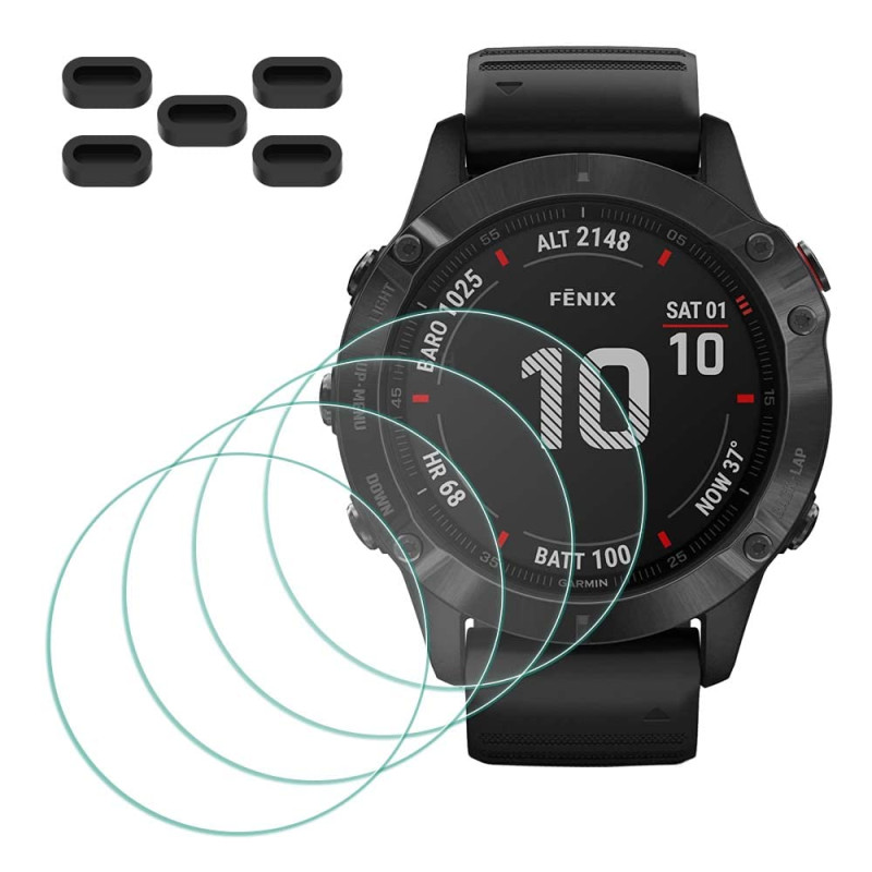 MTHGH Protection Écran pour Garmin Fenix 6X Pro Solar Verre Trempé [4 Pièces] + Bouchons Anti-Poussière [5 Pièces] - Protecteur 