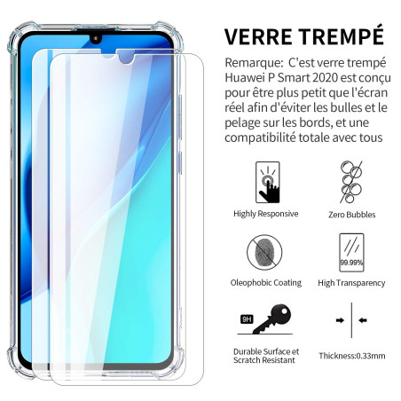 Garegce Coque Compatible avec Huawei P Smart 2020, 2 Pack Verre trempé Protecteur écran, Transparente Silicone Antichoc Bumper C