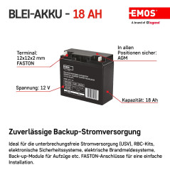 EMOS - Batterie au plomb sans entretien - 12V 18Ah - Batterie AGM - Pour éclairage de secours, systèmes d'alarme, appareils UPS