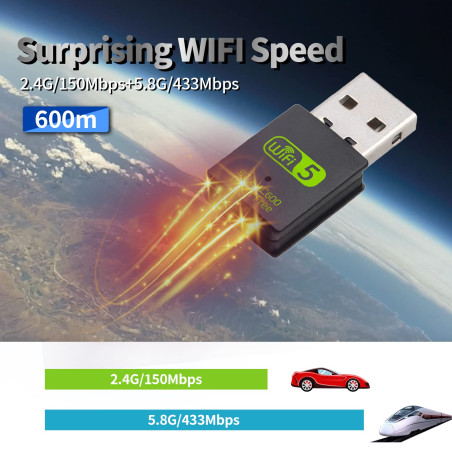 RUIZHI Clé WiFi USB 600 Mbps Adaptateurs Bluetooth 4,2, Dongle 2,4 GHz/5,8 GHz Carte pour Portable PC Windows 11/10/8/8,1/7/XP,