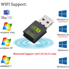 RUIZHI Clé WiFi USB 600 Mbps Adaptateurs Bluetooth 4,2, Dongle 2,4 GHz/5,8 GHz Carte pour Portable PC Windows 11/10/8/8,1/7/XP, 